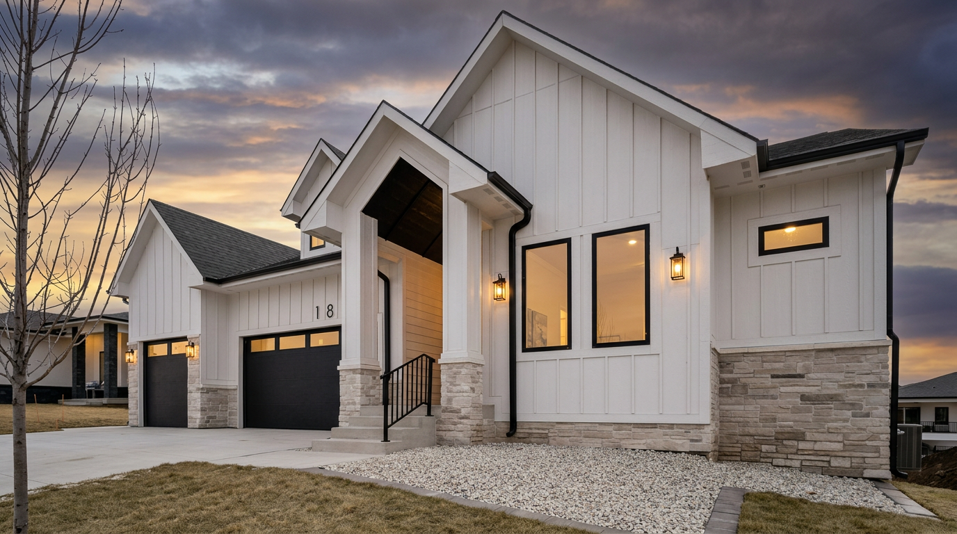Luxury custom home at twilight built by Emanation Homes